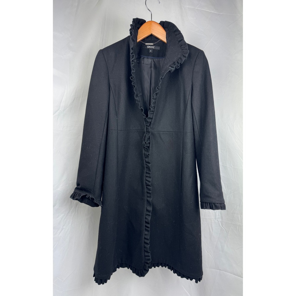 DKNY Womens Black Ruffle Trim Wool Blend Mid-Length Coat Size 8
